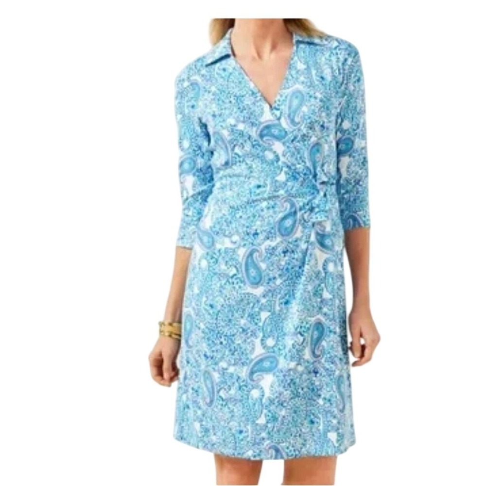 Talbots Blue White Paisley Long Sleeve Wrap Dress Womens Size L Coastal Office